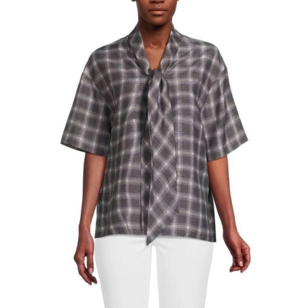 New Theory Project Women's Tie Neck Plaid Silk Blend Top in Gray Size S